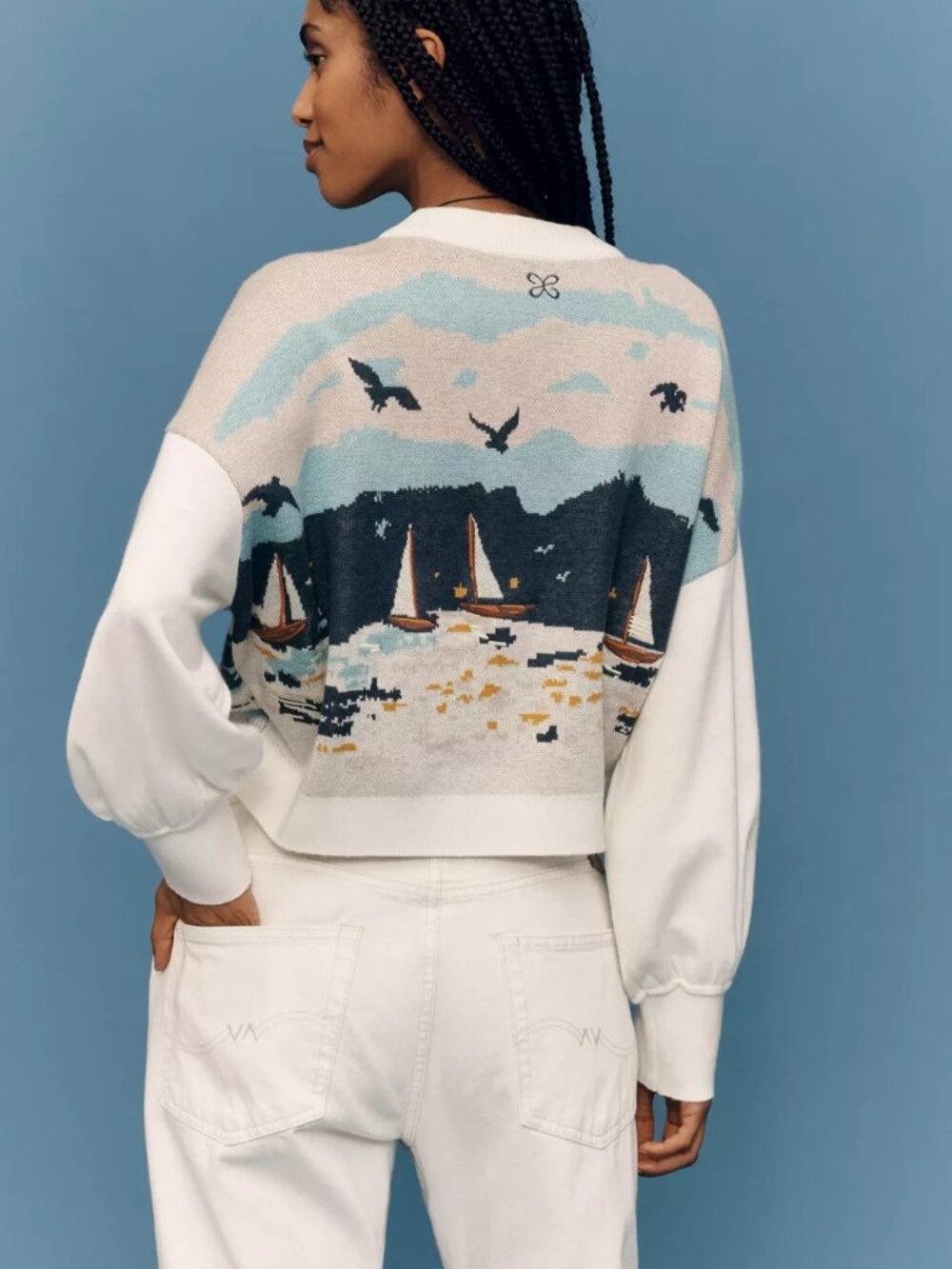 Anthropologie Maeve Nautical Scene Sweater Coastal Lighthouse Seagulls L NWT - Picture 5 of 7